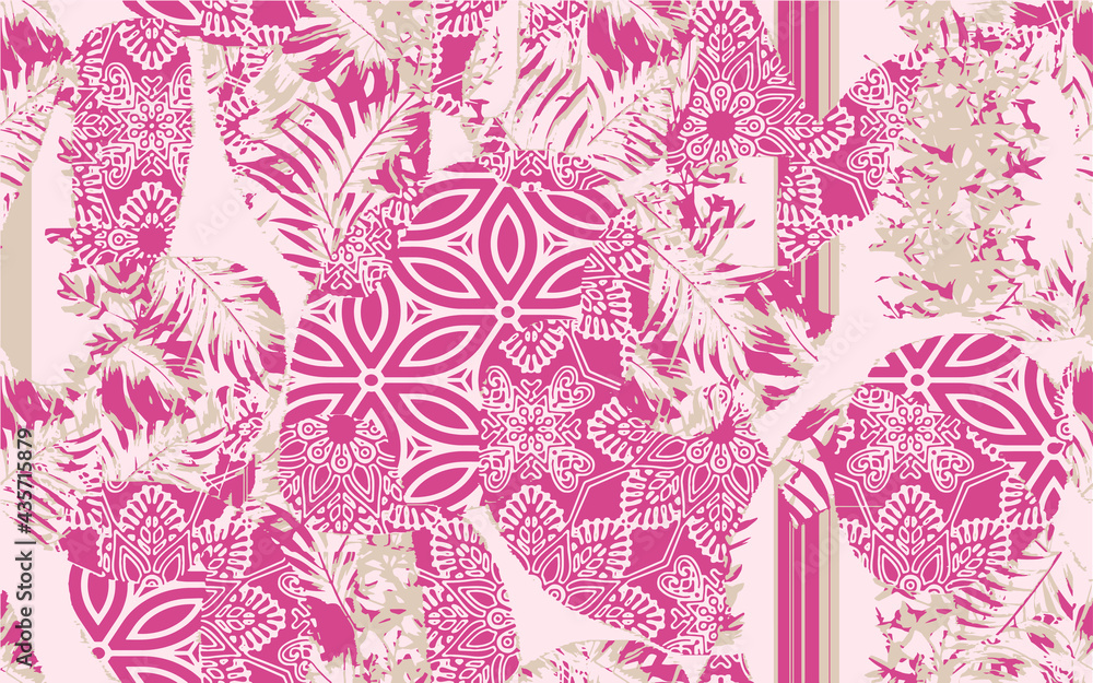 Fashionable print seamless pattern geo tile collage with leaf, flower, floral stripe