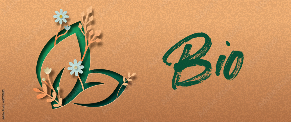 Green bio leaf paper cut nature symbol banner - obrazy, fototapety, plakaty 