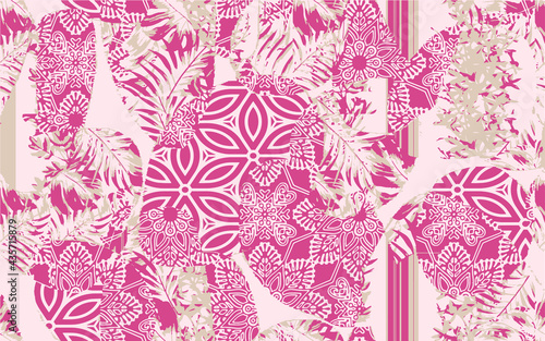 Fashionable print seamless pattern geo tile collage with leaf, flower, floral stripe