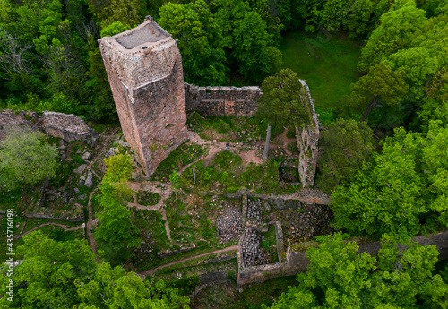 Medieval Castle Landsberg in Vosges, Alsace. Aerial view of the castle ruins, filmed from a drone.