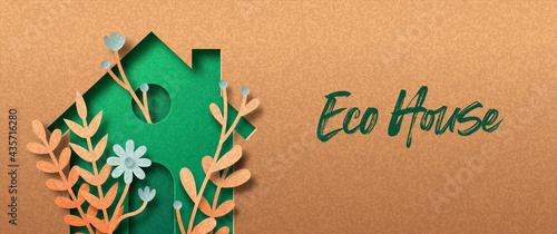Green eco house paper cut nature concept banner