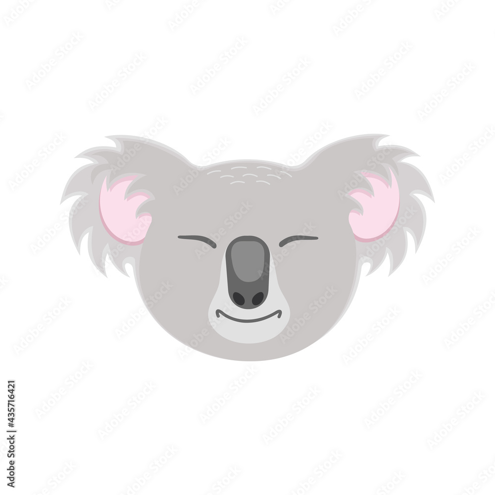 Fototapeta premium Cute sleeping koala face. Australian bear head in childish style for greeting or invitation card, nursery or baby shower party design, carnival mask. Vector flat illustration.