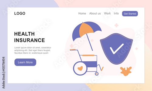 Landing page of health insurance. Concept of medical insurance and life insurance. Protection of health and life of people with document insurance. Healthcare, finance and medical service web design.
