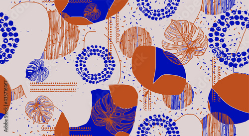 cinnamon colors , Fashionable print boho seamless hand draw pattern geo collage with, floral, tile, leaf, stripe