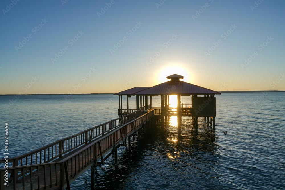 Boat dock on Toledo Bend Reservoir, Louisiana, during sunset