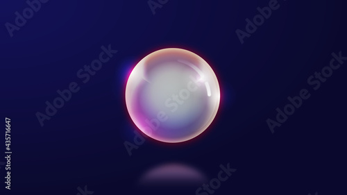 illustration of ball, sphere, pearl. Radiance and light emanate from the sphere. The background is blue. Below is a reflection from the sphere. The main colors are blue and pearlescent