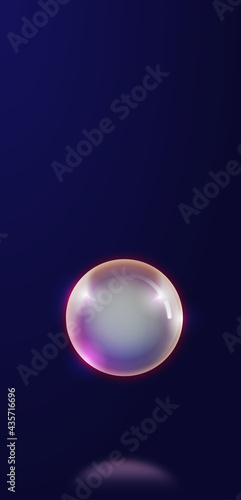 illustration of ball, sphere, pearl. Radiance and light emanate from the sphere. The background is blue. Below is a reflection from the sphere. The main colors are blue and pearlescent