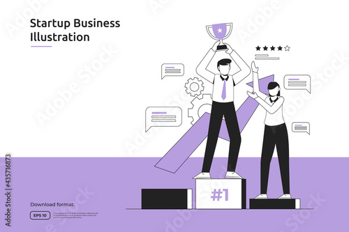 businessman champion award winner with cup trophy successful illustration. startup launch and investment venture concept. teamwork metaphor flat design web landing page or mobile website