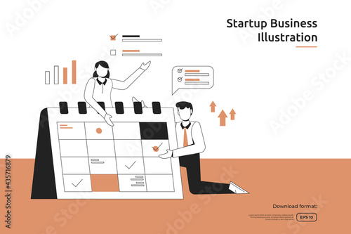 time management and business planing schedule with businessman and calender illustration. startup launch and investment venture concept. teamwork metaphor design web landing page or mobile website