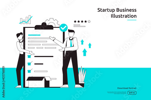 work management task and business planing concept with businessman and checklist illustration. startup launch and investment venture. teamwork metaphor design web landing page or mobile