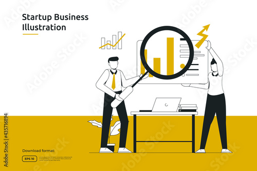 research, analyst and monitoring business investment or financial adviser concept. startup launch and teamwork metaphor design web landing page or mobile