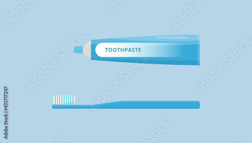 Oral and teeth care. Toothbrush and toothpaste isolated on blue background. Dental hygiene. Flat style vector illustration.