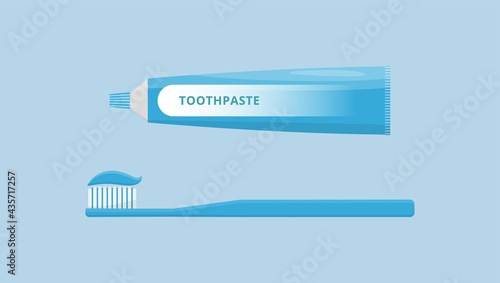 Oral and teeth care. Toothbrush and toothpaste isolated on blue background. Dental hygiene. Flat style vector illustration.