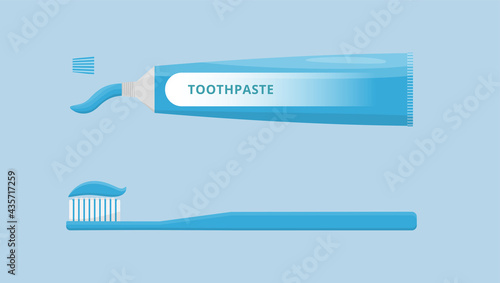 Oral and teeth care. Toothbrush and toothpaste isolated on blue background. Dental hygiene. Flat style vector illustration.