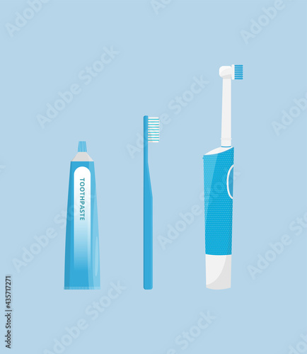 Oral and teeth care. Toothbrush, electric toothbrush, and toothpaste isolated on blue background. Dental hygiene. Flat style vector illustration.