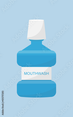 Oral and teeth care. Mouthwash isolated on blue background. Dental hygiene. Flat style vector illustration.