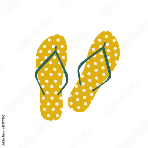 Yellow flip-flops with light polka dots with a green partition. Slippers isolated on white. Design element, printing on T-shirts, pillow decor, travel and leisure paraphernalia. Vector graphics