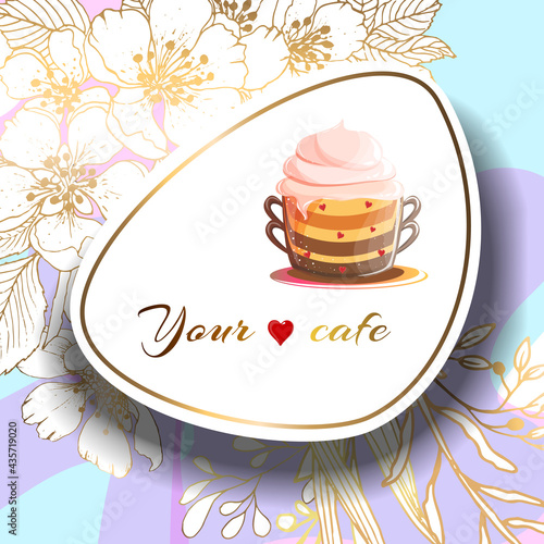 Gold frame. Offer banner vectors. Plants line gold. 3D paper cutout. Signboard with a cup for a cafe. Bright background. Vector illustration.