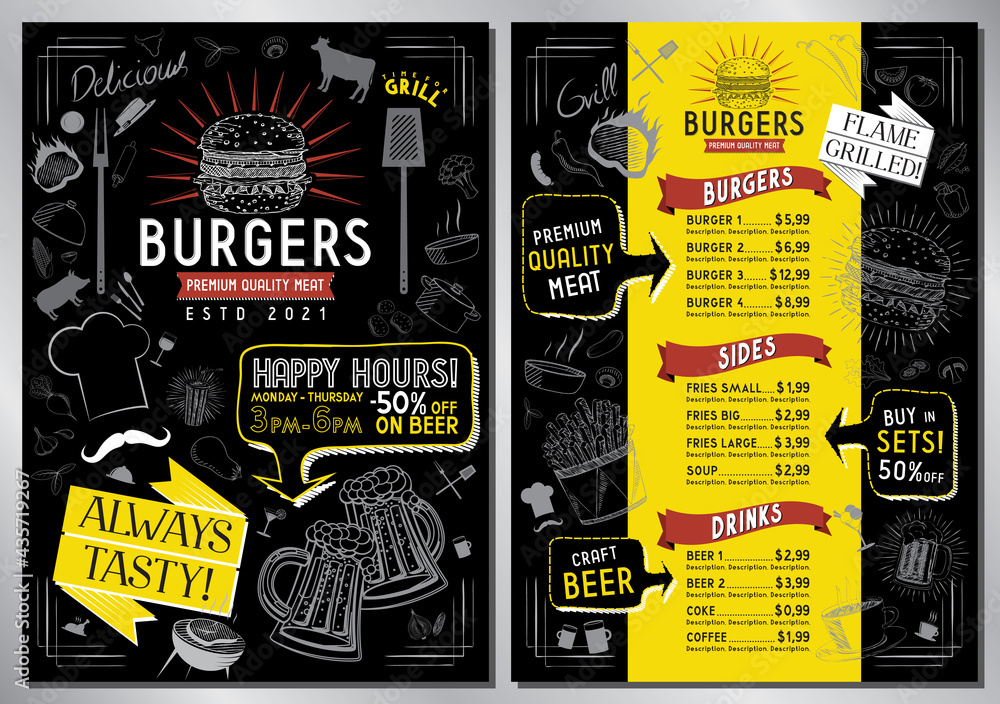 Burger bar menu template - A4 card (burgers, sides, drinks)