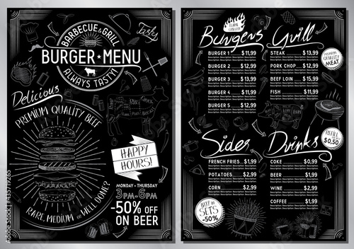 Burger bar menu template - A4 card (burgers, grill, sides, drinks)
