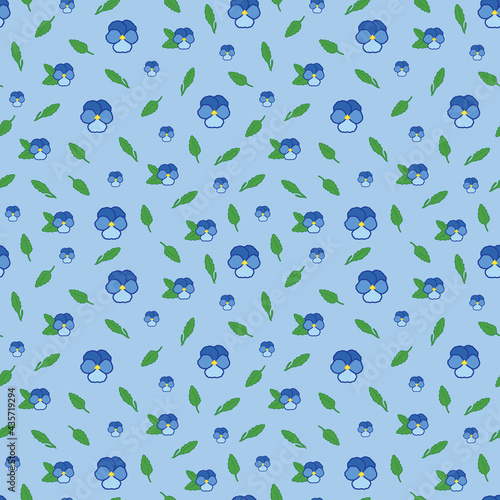 Seamless floral pattern with blue viola pansy flowers and green leaves.