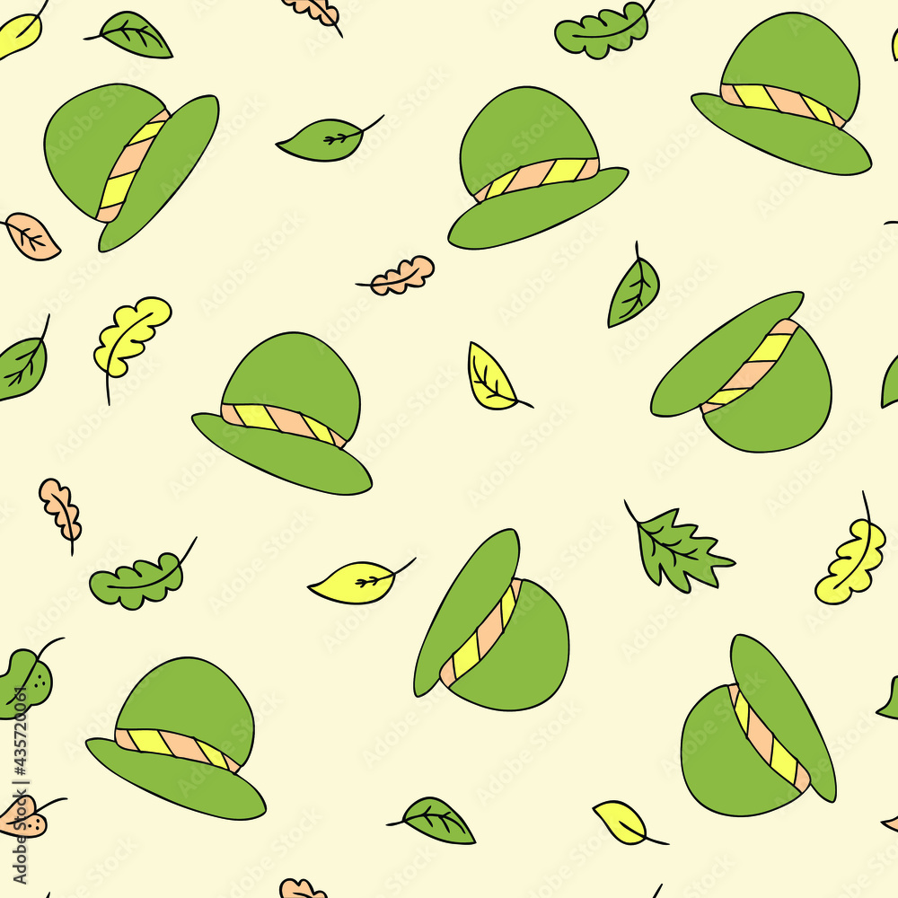 Seamless pattern of a cute green hats and autumn leaves. Perfect for scrapbooking, textile and prints. Hand drawn cartoon style vector illustration.
Seamless pattern of a cute green hats and autumn leaves. Perfect for scrapbooking, textile and prints. Hand drawn cartoon style vector illustration.