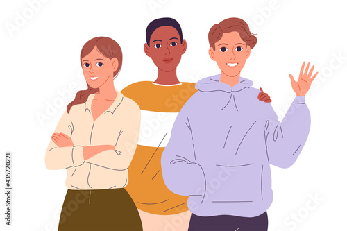 Friends standing together, embracing waving hands. Vector illustration.