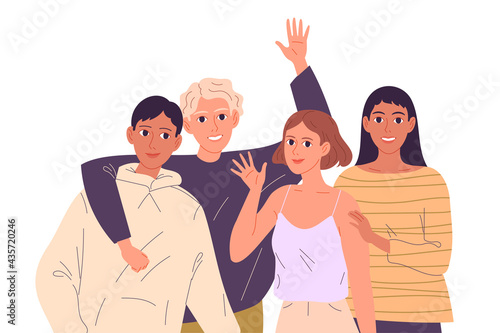 Group portrait of smiling teenage boys and girls