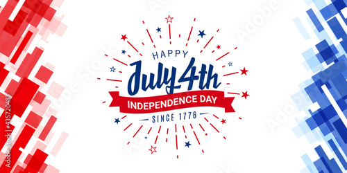 Happy July 4th, independence day, since 1776 with a firework starburst and ribbon design on the modern American flag color red and blue techy, background, and promotion advertising banner template.
