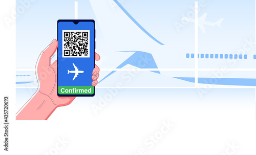 Hand keeping phone. Health passport application. Digital certificate of vaccination