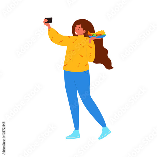 Flat vector cartoon illustration of a female blogger taking a selfie with a shrimp in tempura for a blog review or video blog. Isolated design on a white background