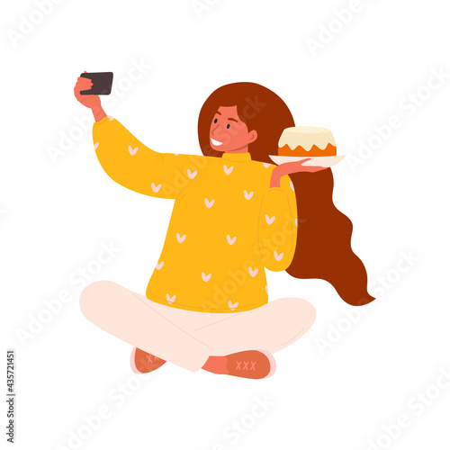 Flat vector cartoon illustration of a female blogger taking a selfie with a pastry for a blog review or video blog. Isolated design on white background
