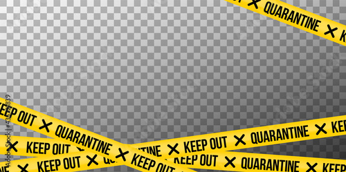 Banner with yellow tapes quarantine, keep out. Vector image. Isolated on transparent background. For the website