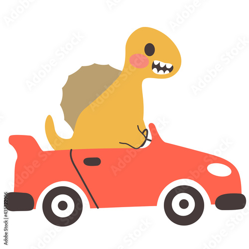 Cute Spinosaurus dinosaur driving red convertible sports car