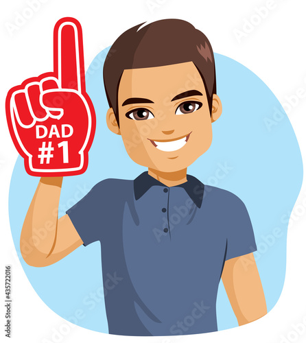 Young dad wearing giant red finger foam glove with dad number one text