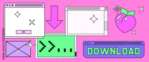 Retrowave style desktop with message boxes, terminal console window and user interface elements. Retro OS in vaporwave 80's vintage stylization.