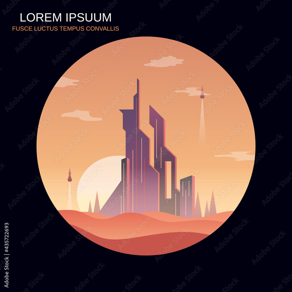 Obraz premium Big city bright sunrise retro futuristic style vector illustration