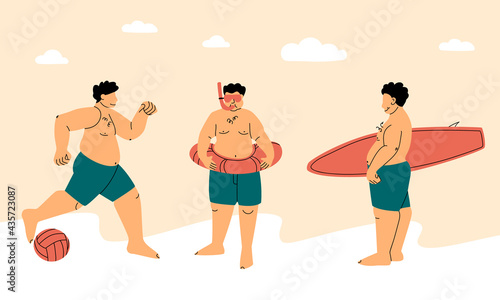 Beach sports. Happy plump or fat man in a swimsuit. Active body positive concept. Surfing, snorkeling, beach soccer or volleyball. Funny vector trend illustration.