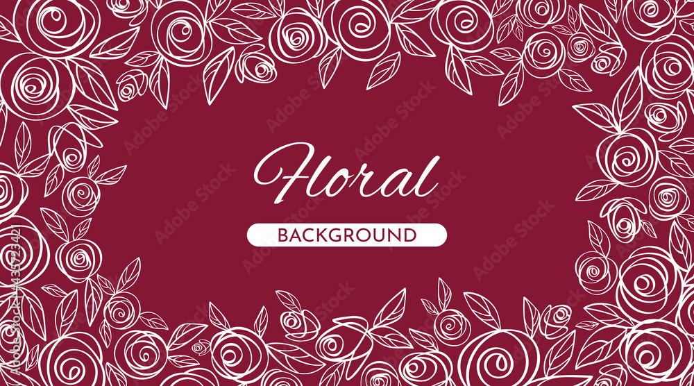 Floral banner with roses on a pink background. Bright banner for women's store. White roses in line art style on a burgundy background. Banner for the web.