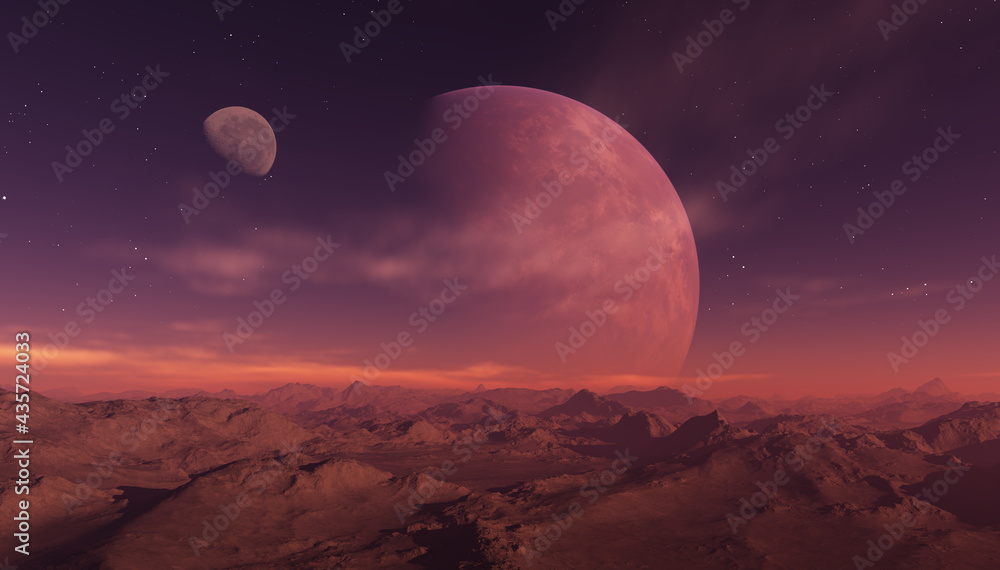 3d rendered Space Art: Alien Planet - A Fantasy Landscape with purple skies and stars
