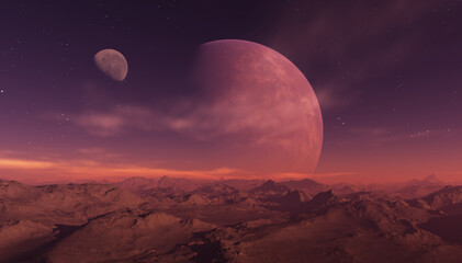 Leinwandbilder Purpur 3d rendered Space Art: Alien Planet - A Fantasy Landscape with purple skies and stars  © britaseifert
