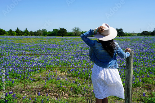 Woman standing overlooking field of Texas bluebonnet wildflowers during spring season near Brenham, TX