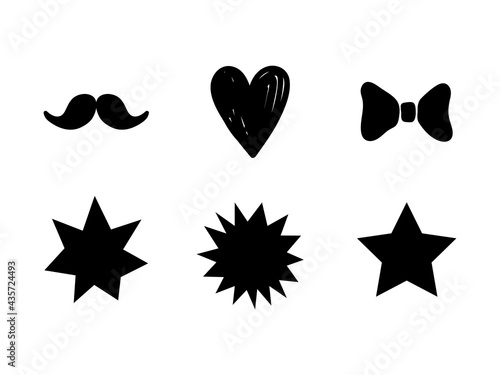 Stars, heart, mustache, icons set, various black isolated shapes, vector illustration.