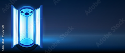 Banner of tanning in vertical solarium. Sunbathing in solarium cabin with blue luminous tanning lamps. Advertising of Spa salon . Realistic 3d vector illustration.