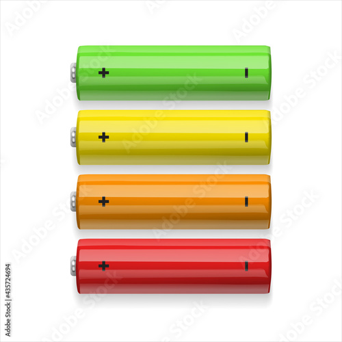 Realistic 3d colorful batteries, environmental alternative energy. Batteries type AA