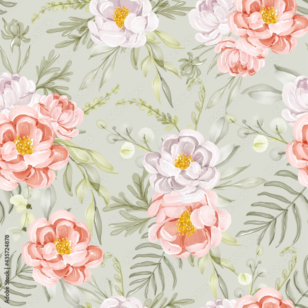 Seamless pattern with spring flowers peach white and leaves for wallpaper background