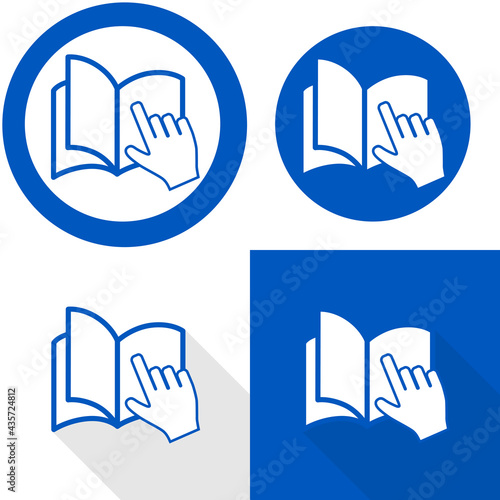 Manual book symbol with hand. Read before use. Refer to instruction manual booklet mandatory sign