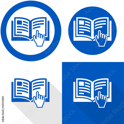 Manual book symbol with hand. Read before use. Refer to instruction manual booklet mandatory sign