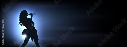 Singer under the glowing blue Bright Lights. Original Vector Illustration. Silhouette of a female singing with blue spotlights in the background. Ideal for Live Music Concept