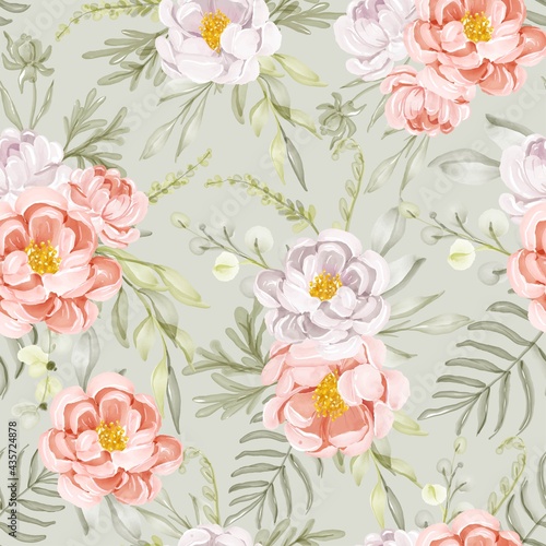 Fototapeta Naklejka Na Ścianę i Meble -  Seamless pattern with spring flowers peach white and leaves for wallpaper background